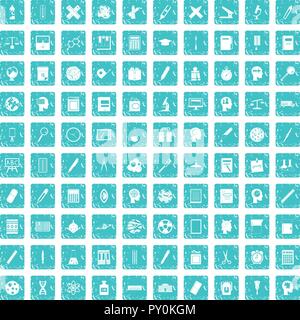 100 learning icons set grunge blue Stock Vector