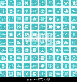 100 learning kids icons set grunge blue Stock Vector