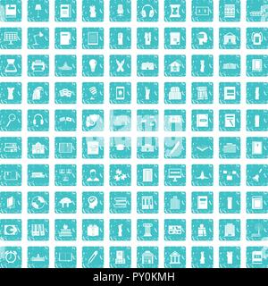 100 library icons set grunge blue Stock Vector