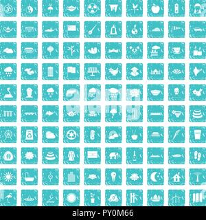 100 lotus icons set grunge blue Stock Vector