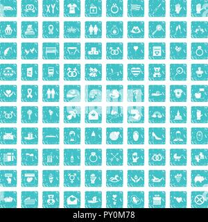 100 love icons set grunge blue Stock Vector