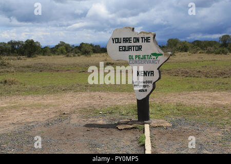 The sign stating that you are on the equator, at the Ol Pejeta Conservancy in Kenya. Stock Photo