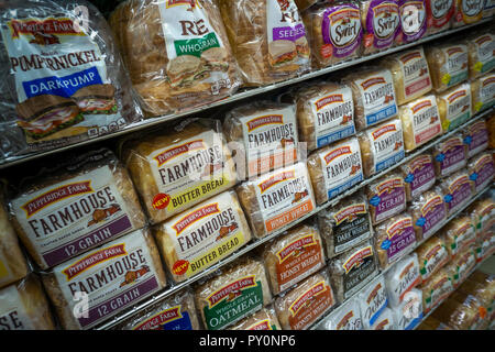 Loaves of different varieties of the Campbell Soup Company's Pepperidge Farm brand breads  are seen on supermarket shelves in New York on Tuesday, October 23, 2018. (Â© Richard B. Levine) Stock Photo