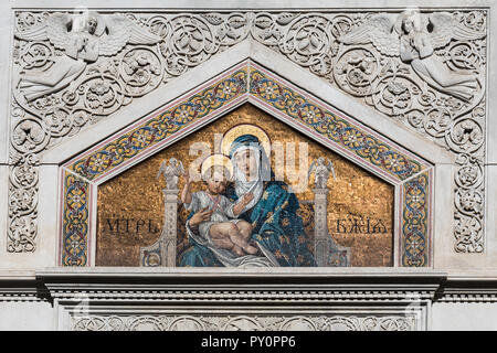 Mosaic of Virgin Mary with child on the facade of Serbian Orthodox Church of Saint Spyridon in Trieste, Friuli Venezia Giulia, Italy Stock Photo