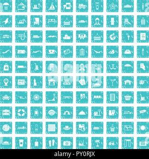 100 luggage icons set grunge blue Stock Vector
