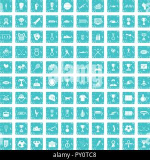 100 medal icons set grunge blue Stock Vector