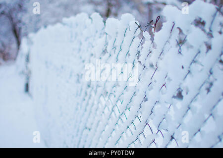 Mesh fence covered in a thick layer of white fresh snow against a blurred  tree on the background. Cold winter day in January. Feeling of sadness and  Stock Photo