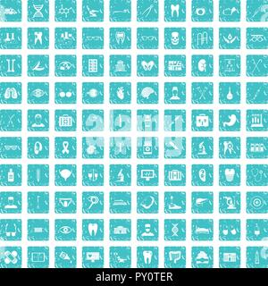 100 medical icons set grunge blue Stock Vector