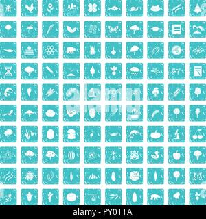 100 microbiology icons set grunge blue Stock Vector