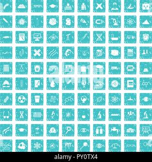 100 microscope icons set grunge blue Stock Vector