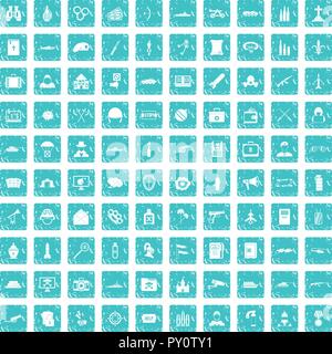 100 military icons set grunge blue Stock Vector