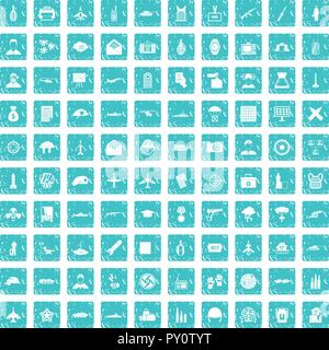 100 military journalist icons set grunge blue Stock Vector