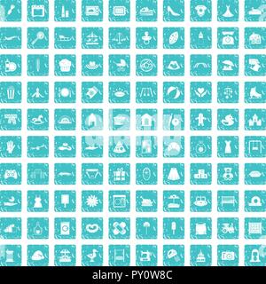100 motherhood icons set grunge blue Stock Vector