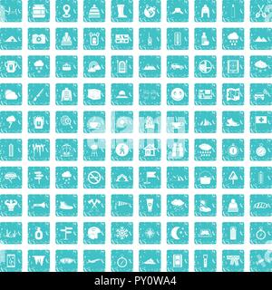 100 mountaineering icons set grunge blue Stock Vector