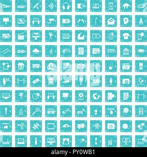 100 multimedia icons set grunge blue Stock Vector