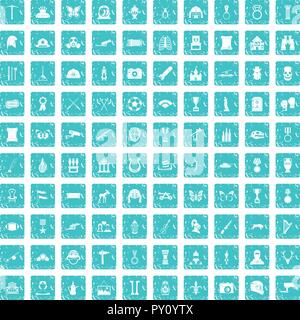100 museum icons set grunge blue Stock Vector