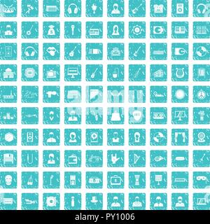 100 music icons set grunge blue Stock Vector