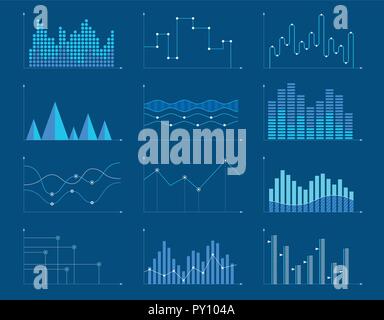 Set of different graphs and charts, information on charts, statistical data. Business charts and graphs infographic elements. Vector illustration. Stock Vector