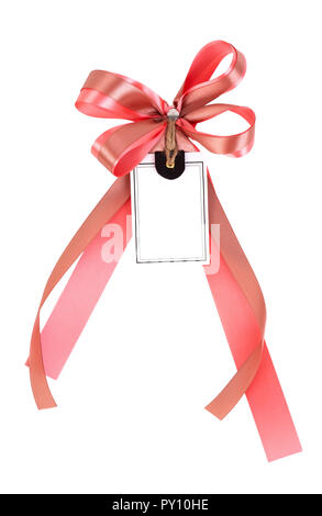 ribbon bow with label tag on white background Stock Photo