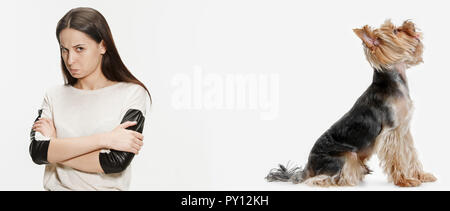 The sad angry woman and her dog over white background. Yorkshire terrier at studio against a white. Stock Photo