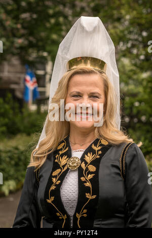 Woman dressed in Iceland's national costume independence day, June 17th, Reykjavik, Iceland. Stock Photo