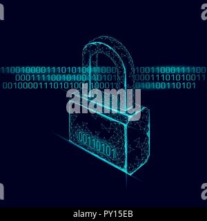 Cyber safety padlock on data mass. Internet security lock information privacy low poly polygonal future innovation technology network business concept blue vector illustration art Stock Vector