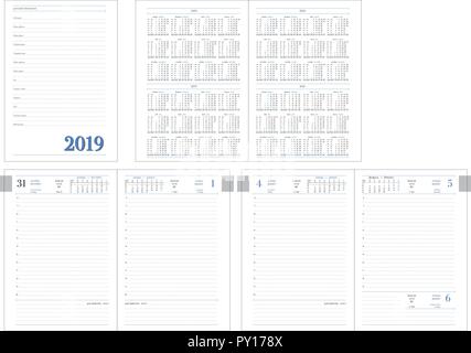 Template for layout of daily planner for 2019 year. Design office book with  page templates, personal data and calendar data on 2018, 2019, 2020, 2021  years made in program for typesetting Stock
