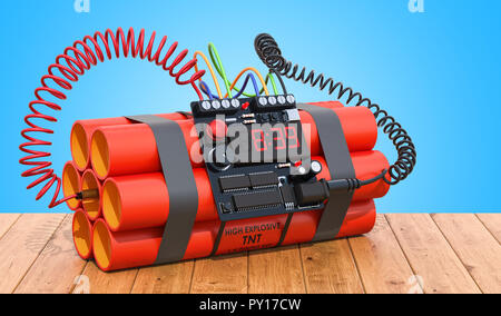 TNT bomb explosive with digital countdown timer clock on the wooden table. 3D rendering Stock Photo