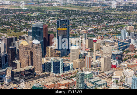 Aerial view of Calgary city centre from helicopter in summer. Stock Photo