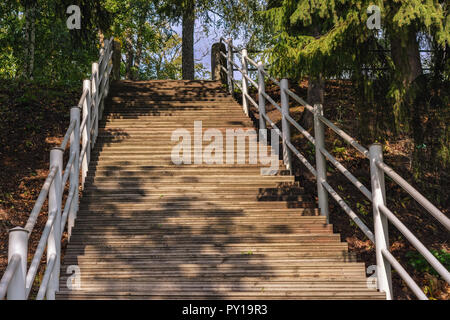 Staircase with wooden steps and white metal railings leading to the top. Stock Photo