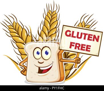 bread cartoon mascot with gluten free signboard Stock Vector