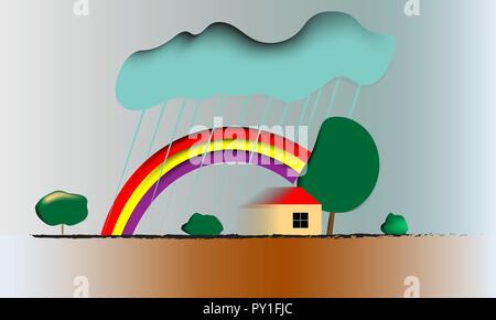 Rainbow in a blue sky immediately after a rain shower in a housing estate Stock Vector