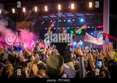 Crowd gets crazy in front of the concert stage - hands up waving flags, motion and action Stock Photo