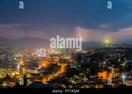 Heavy thunderstorm in Sarajevo at night Stock Photo
