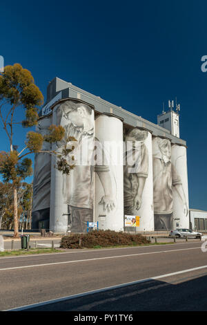 COONALPYN, SOUTH AUSTRALIA - SEPTEMBER 8, 2018: Highway town Coonalpyn has its active grain silo’s painted by artist Guido van Helten with a 30-metre  Stock Photo