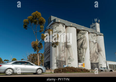 COONALPYN, SOUTH AUSTRALIA - SEPTEMBER 8, 2018: Highway town Coonalpyn has its active grain silo’s painted by artist Guido van Helten with a 30-metre  Stock Photo