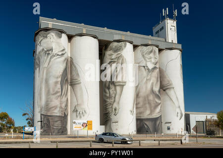 COONALPYN, SOUTH AUSTRALIA - SEPTEMBER 8, 2018: Highway town Coonalpyn has its active grain silo’s painted by artist Guido van Helten with a 30-metre  Stock Photo