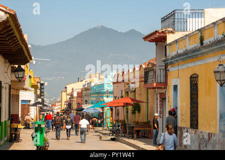 SAN CRISTOBAL DE LAS CASAS, MEXICO - MAY 25, 2018: Unidentified people walk along Real de Guadalupe in the tourist town of San Cristobal De Las Casas, Stock Photo