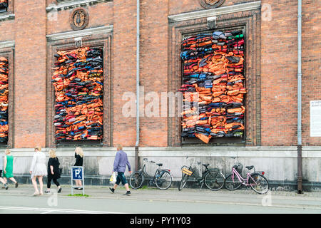 Contemporary art installation on windows of Charlottenborg Palace, Copenhagen, Copenhagen, Denmark Stock Photo