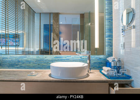 Interior of bathroom with sink basin faucet and mirror. Modern design of bathroom. Stock Photo