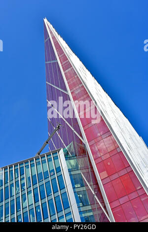 Blue sky & red triangle side elevation modern Nova winner 2017 Carbuncle Cup winner UK ugliest office building Victoria Westminster London England UK Stock Photo