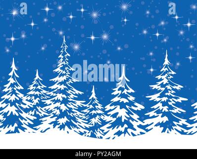 Christmas Holiday Seamless Horizontal Background, Winter Landscape, Fir Trees with Snow, White Silhouettes against the Blue Night Sky with Stars. Vector Stock Vector