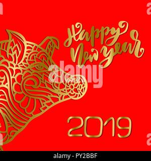 Asian new year sign. Mandala style pattern. Gold pig. 2019 vector illustration. Stock Vector