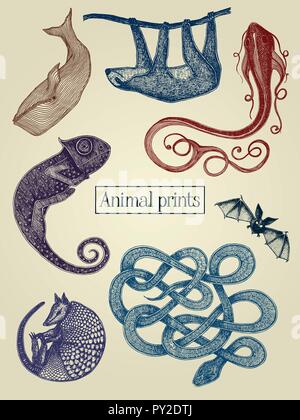 Animal illustrations on the vintage paper background Stock Vector