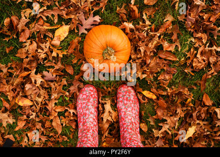 Overhead view of a woman's feet standing next to a pumpkin, United States Stock Photo