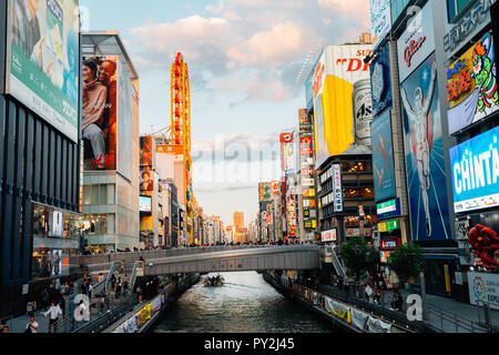 Osaka, Japan - October 1, 2018 : Dotonbori river and restaurant and shopping street Stock Photo