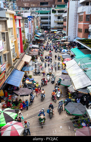 DA LAT, VIETNAM - SEPTEMBER 23: View from above to the traffic jam at the Vietnamese street market on September 23, 2018 in Da Lat, Vietnam. Stock Photo