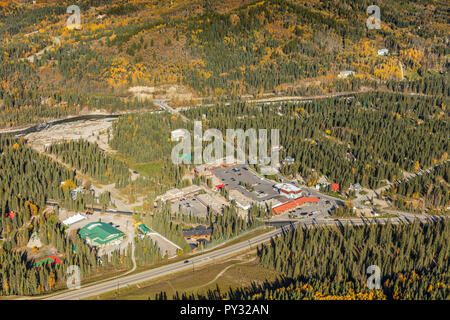 Aerial  view of the hamlet of Bragg Creek, Alberta with Elbow River in background. Stock Photo