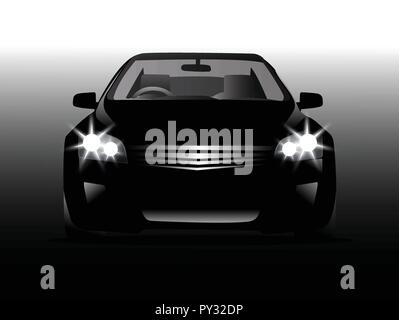 realistic car front view in the dark, Black car silhouette Stock Vector