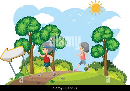 Elderly Couple Jogging in Nature illustration Stock Vector